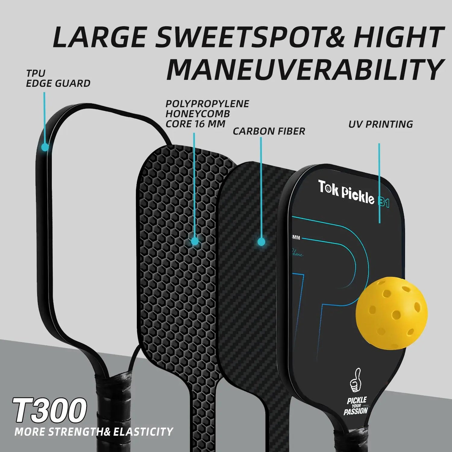 Tok Pickle T300 Carbon Fiber Pickleball Paddle Set - 2 Paddles, Wide Body, Large Sweet Spot, 4 Balls, Carry Bag, for Beginners & Family Players