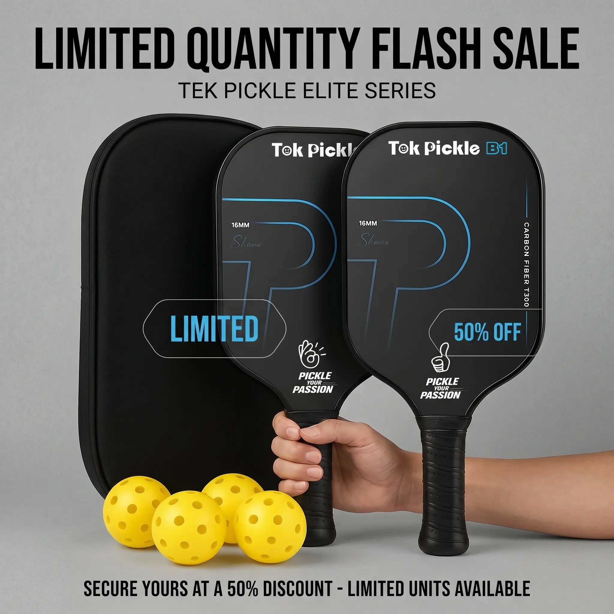 Tok Pickle T300 Carbon Fiber Pickleball Paddle Set - 2 Paddles, Wide Body, Large Sweet Spot, 4 Balls, Carry Bag, for Beginners & Family Players